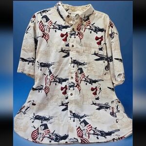 Clearwater Outfitters MensL Shirt Vtg WW11 Pinup Girl Vtg Plane And Flag EUC